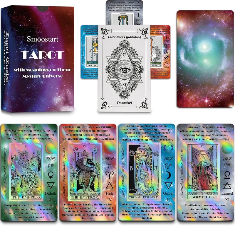 Smoostart Tarot Cards for Beginners with Meanings on Them, Surface Laser Cards Holographic Tarot with Guide Book, Tarot Cards Deck with Keywords - Image 1